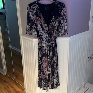 Navy and pink floral ruffle dress, high in front lower in back
